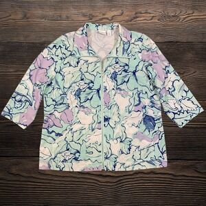 Weekends by Chico's Floral Zip Front Jacket Lavender Size 2 Large 3/4 Sleeve